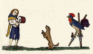 ペットの調教：犬と雄鶏がドラムのリズムに合わせて静止画の上で踊る。オックスフォードのボドリアン図書館に所蔵されている1344年の写本からのエングレーヴィング。 作： Unknown artist