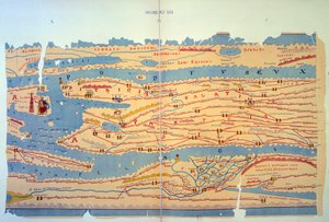 エジプトとトルコにおけるローマの道を表したプティンガー表。3世紀のローマ帝国の地図を基にした13世紀の道路地図。パリ、BN。 作： Unknown artist