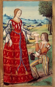 オクタヴィアン・ド・サン・ゲレ（1468-1502）の「オヴィドの英雄物語」の翻訳から、ミニチュアの使者に手紙を差し出すペドル（B.N.