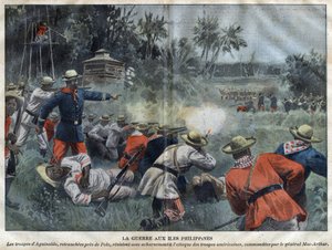 フィリピン・アメリカ戦争（Philippine Americano）-ポロ付近で断絶されたエミリオ・アギナルド軍は、マック・アーサー将軍が指揮するアメリカ軍の攻撃に激しく抵抗する-1899年の「ル・ペレラン」に掲載された刻印 作： Unknown artist