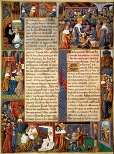 ピエテの場面。"国王ルイ9世（1214-1270）（サン・ルイ）が貧しい人々の足を洗い、国王が祈り、国王がキリスト教の慈善活動をするシーン" 15世紀の写本「モンシニョール・サン・ルイの事実の書」のミニチュア。パリ、B.N 作： Unknown artist