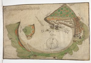 1585 年 6 月、リチャード ポールターが描いたサン セバスチャンの町と港の平面図 作： Unknown artist