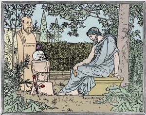 Plato meditant on immortality before Socrates, the butterfly, skull, and poppy about 400 BC - Plato meditant on immortalite before Socrates, the butterfly, skull, and poppy around 400 BC engraving of the 19th century 作： Unknown artist