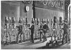 1888年、パリの証券取引所に設置された空気圧式郵便局。 作： Unknown artist