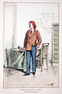 コミューンの警察本部長。アルフレッド・レイ(1864-?)とルイ・フェロンによるセーヌ川警部のルイ・ルピーヌ(1846-1933)の後援で出版された本「平和の戦士たちの歴史」の挿絵のためのカラー・エッチング。 作： Unknown artist
