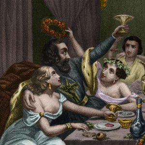 教皇アレクサンデル6世（1431-1503）（アレッサンドロ、ロドリゴ・ボルジア） ロドリゲ・ボルジアは、バチカンで50人の宮廷人とともに娘ルクレイス・ボルジア（ルクレツィア）の結婚を祝う。Histoire des popes: crimes, murders, poisoning, parrici」に掲載されている1842年のエングレーヴィング。 作： Unknown artist