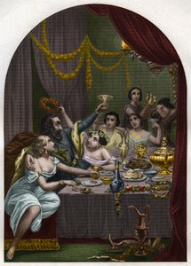 ローマ教皇アレクサンデル6世（1431-1503）（アレッサンドロ、ロドリゴ・ボルジア） ロドリゲ・ボルジアは、バチカンで50人の宮廷人とともに娘ルクレイス・ボルジア（ルクレツィア）の結婚を祝う。Histoire des popes: crimes, murders, poisoning, parrici」に掲載されている1842年のエングレーヴィング。 作： Unknown artist