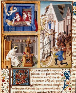 教皇ユージン3世は1153年に死去。クレルヴォーの聖ベルナルド（サン・ベルナルド・ディ・キアラヴァッレ）（1090-1153）。ヌムール公ジャック・ダルマニャックの腕章 Vincent de Beauvais (1190-1264) による「歴史的考察」(Speculum Historiale) (ms. 1196) のミニチュア。