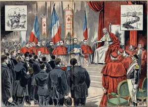 教皇レオン13世（1810-1903）は、ドイツが聖地におけるフランスの保護領を代替しようとしていたときに、その保護領を聖別した。10月8日の謁見 作： Unknown artist