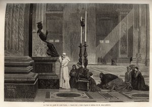 ローマ法王ピオ9世（pio 9）（1792-1878）は、バチカン市国のバシリカの入り口にあるサン・ピエトロ像の足元に集められた。フランシス・ウェイが1864年から1868年にかけて描いたローマの物語を説明するためのエングレーヴィングで、エドワール編集の「le tour du monde」に掲載されています。 作： Unknown artist