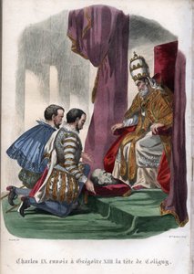 教皇グレゴリー13世（1502-1585）は、フランス王シャルル9世（1550-1574）からの贈り物として、1572年の聖バルトロメオの日の大虐殺で暗殺されたガスパール・ド・コリニー（1519-1572）の頭部を受け取る。 作： Unknown artist