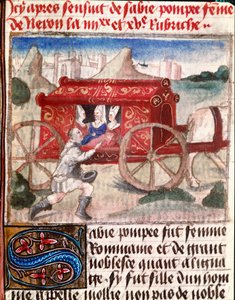 ローマ皇帝ネロの妻ポッペがミニチュアの使者を受け取る様子（Giovanni Boccaccio dit Jean Boccaccio著『光と貴婦人の書』より）（1313～1375年 作： Unknown artist