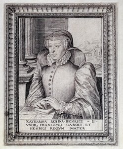 フランス王妃カトリーヌ・ド・メディシス（カテリーナ・ド・メディチ）（1519-1589）の肖像。16世紀のエングレーヴィング。ポー、シャトー美術館 作： Unknown artist