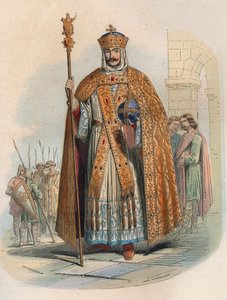 フランス王シャルルマーニュ（742-814）の肖像。テオドール・ジュスト（1818-1888）の「Histoire de Belgique from the primitive times to the end of the regne of Leopold I（原始時代からレオポルド1世の時代までのベルギー史）」に掲載された1868年の版画。個人蔵。 作： Unknown artist