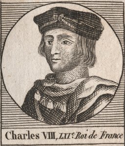 シャルル8世（1470-1498）の肖像 - ヴァロワ王朝のフランス王 - シャルル8世（1470-98）のフランス王 - シャルル・コンスタン・ル・テリエ1821年の「フランス史に関する教本」からのエングレーヴィング 作： Unknown artist