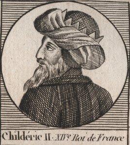 670年から673年のフランク王国の王、チルデリック2世の肖像 - CHILDERIC II 655-675 フランスとアウストラシアのメロヴィング王 - シャルル・コンスタント・ル・テリエ1821年の「フランス史に関する教本」からのエングレービング