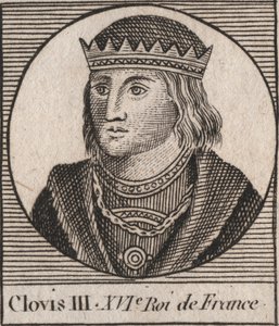 691年から695年までフランク王国の王であったクローヴィス3世の肖像 - ネウストリアとアウストラシアのメロヴィング王クローヴィス3世 - シャルル・コンスタント・ル・テリエによる1821年の「フランス史に関する教本」からの刻印 作： Unknown artist