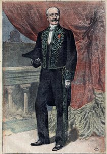 フランスの政治家、エッセイスト、軍人であるアルベール・ド・ムン伯爵（1841-1914）が1898年3月10日にアカデミー・フランセーズに入学したときの肖像。3月20日付「ル・ペレラン」紙に掲載されたイラスト 作： Unknown artist