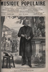 フランツ・リスト（1811-1886）の肖像（フランツ・リスト、ハンガリーの作曲家、ピアニスト、指揮者）著名な週刊紙「ポピュラー・ミュージック」に掲載された彫刻 - 1882年