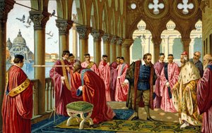 Galileo Galilei dit Galileo (1564 - 1642)の肖像は、ヴェネツィアのドゥカーレ宮殿でドージェに遠景を見せています。 作： Unknown artist