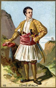 ギリシャ語で着飾った第6男爵バイロン卿ジョージ・ゴードン・ノエル（1788 - 1824）の肖像。19世紀のクロモリトグラフ。 作： Unknown artist