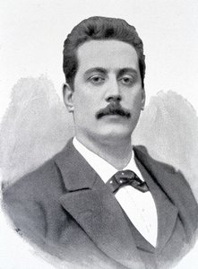 イタリアの作曲家、ジャコモ・プッチーニ（1858-1924）の肖像、19世紀のエングレービング。 作： Unknown artist