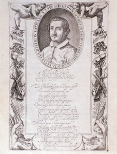 Girolamo Frescobaldi (1583-1643) イタリアの作曲家の肖像 Tocrate "の楽譜の表紙からのエングレーヴィング。1637.ボローニャ、市民博物館Museo 作： Unknown artist