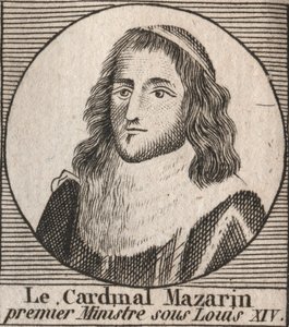 ルイ14世の下で首相を務めたマザラン枢機卿として知られるジュール・マザラン（1602-1661）の肖像 - マザラン枢機卿はルイ14世の主席大臣を務めた - シャルル・コンスタント・ル・テリエの「フランス史に関する指南書」1821年のエングレービング 作： Unknown artist