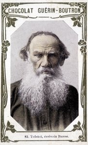 ロシアの作家（1828-1910）、トルストイ伯爵レフ・ニコラエヴィチ（レオ・トルストイ）の肖像。ヴィネット・デ・ショコラ・ゲラン-ブトロン 作： Unknown artist