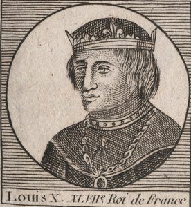 フランス王ルイ10世le Hutin (1289 - 1316)の肖像 - フランスとナバラの王、頑固者ルイ10世 (1289 - 1316) - シャルル・コンスタン・ル・テリエ1821年の「フランス史に関する教本」からの彫刻。 作： Unknown artist