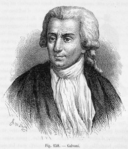 イタリアの医師・物理学者ルイジ・ガルヴァーニ（1737～1798）の肖像 - アメデ・ギユマン著「磁気と電気」より 作： Unknown artist