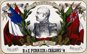 シャンパンのラベルに描かれたマレシャル・ペリシエの肖像「B.& E.Perrier à Chalôns sur Marne", sd.19世紀。 作： Unknown artist