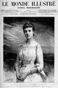 フランス王女（1865-1951）であり、ポルトガル王シャルル1世（1863-1908）となったブラガンス公爵と結婚してポルトガル女王となったマリー・アメリ・ドルレアンの肖像。"Le Monde illustrious "に掲載された版画 作： Unknown artist