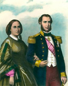 メキシコ皇帝マクシミリアン1世（1832-1867）とその妻ベルギーのシャルロット（1840-1927）の肖像。19世紀のイラスト。個人蔵 作： Unknown artist