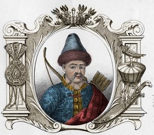 モンゴルの君主ティムール（タメルラン）（1336～1405年）の肖像 - タメルラン（1336～1405年）（またはティムール・ラング、「跛行のティムール」） 1861年のエングレーヴィング 作： Unknown artist