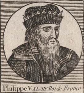 フランス王フィリップ5世（1294年～1322年）の肖像 - フィリップ5世（1294年～1322年）「語らい」 - シャルル・コンスタント・ル・テリエ1821年の「フランス史に関する教本」からの刻印 作： Unknown artist