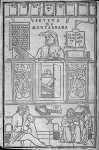 ギリシャ語やアラビア語の医学書に囲まれたパドヴァ人の医学教師と、尿検査を待つ3人の患者、ピエトロ・ダ・モンタニャーナの肖像。 作： Unknown artist