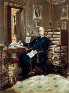 プロイセンの政治家であるオットー・フォン・ビスマルク公爵（1815-1898）の執務室での肖像。カラーリトグラフ 作： Unknown artist