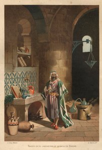 バグダッドの研究室でのラーゼス（Rhazes, Razi, Al-Razi, Razis, or Rases）（840～923）ペルシャの科学者の肖像。バルセロナ 1881年 作： Unknown artist