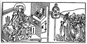 スウェーデンの聖ブリジット（1103年〜1373年）の肖像。VoragineのJacobus（James）（1228-1298）による「Leben der Heiligen - sommerteil」（聖人の書）からのエングレーヴィング。リュベック 1488年 作： Unknown artist