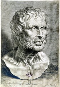 ストア派の哲学者、劇作家、ローマの政治家であるセネカ（Lucius Annaeus Seneca, 紀元前4年～紀元後65年）の肖像 - 1638年のエングレーヴィング - Coll Maciet, Library of Decorative Arts, Paris 作： Unknown artist