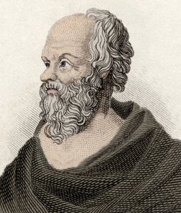 ギリシャの哲学者、ソクラテス（紀元前470～399年）の肖像。19世紀のエングレーヴィング。