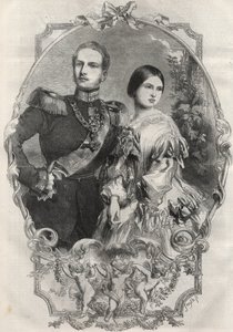 ヴィクトリア王女（1840-1901）（ヴィクトリア女王）とプロイセン皇太子フレデリック・ウィリアム（1831-1888）の両殿下の肖像。1858年のエングレーヴィング。 作： Unknown artist