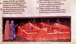 イタリアの詩人ダンテ・アリギエーリのヴァージル異端者たちの肖像（『神曲』地獄の歌X） - ミニチュア 作： Unknown artist