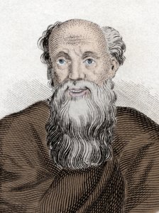 ギリシャの哲学者デモクリトス（Democritus）（460-370 Av JC）、アブデレのデモクリトの肖像。19世紀のエングレーヴィング。 作： Unknown artist