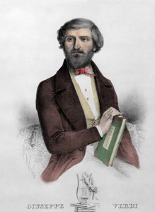 イタリアの作曲家ジュゼッペ・ヴェルディ（1813〜1901年）の肖像と "i Due Foscari "の楽譜 1844年のエングレーヴィング。