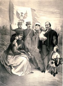イタリアの愛国者であり、リソルジメントの英雄であるジュゼッペ・ガリバルディ（1807-1882）の肖像が、彼の子供たちであるメノッティ、リチオッティ立ち、テレシタ、フランチェスカ・アルモシーノ、小さなマンリオとクレリアを囲んでいる。1870年頃のイラスト。個人蔵 作： Unknown artist