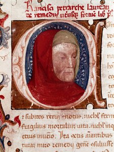 イタリアの詩人フランチェスコ・ペトラルカ（ペトラルカ）（1304-1374）の肖像詳細。ペトラルカの手稿「Les remedes aux deux fortunes（De remediis Utriusque Fortunae）」から抜粋したページ。1360-1366年 ヴェネツィア、ビブリオテカ・マルチャーナ