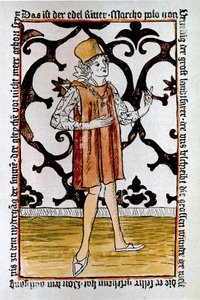 ヴェネツィアの探検家マルコ・ポーロ（1254-1324）の肖像 「Il Milione: The Book of Merveillles」（"Devisement du monde"）初版の表紙 ニュルンベルク 作： Unknown artist