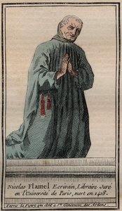 フランスの錬金術師ニコラ・フラメル（1330-1418）の肖像 - エングレーヴィング - 英国の錬金術師ニコラ・フラメルの肖像 - エングレーヴィング 個人蔵 作： Unknown artist
